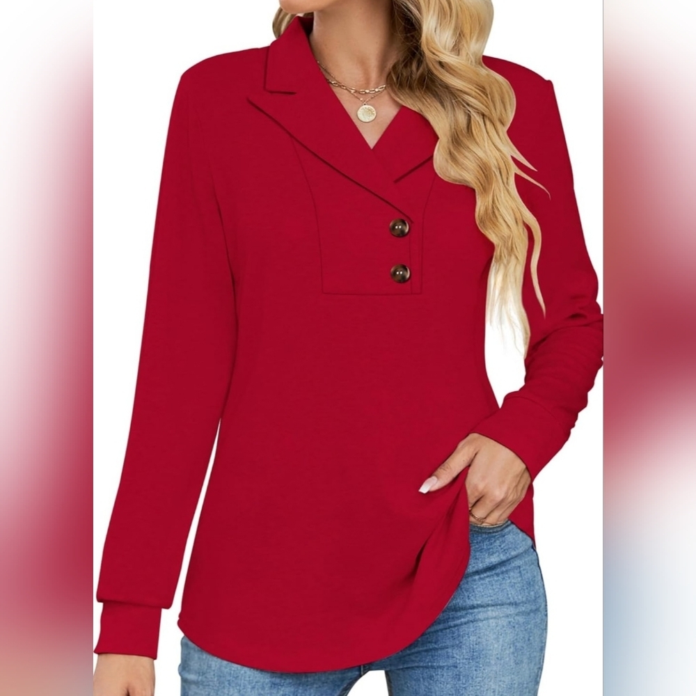 Micoson Women's Long Sleeve Button Lapel Tunic Top V Neck Red Stretch Sz XL NWT